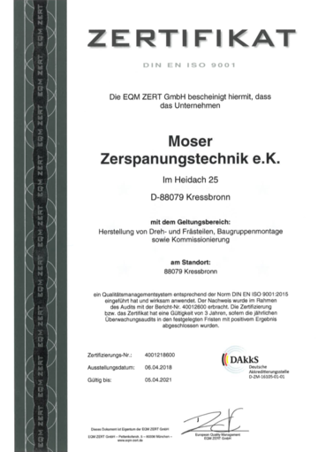 Moser Zerspanungstechnik - Zertifikat